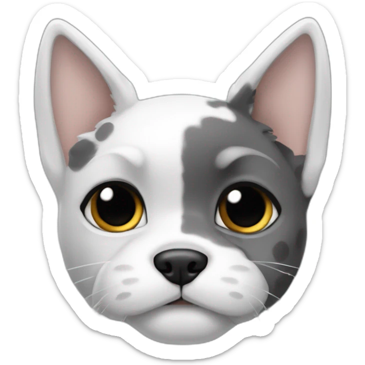 Half of a white cat with black spots and a body attached to it, half of a Schnauzer dog is gray sticker