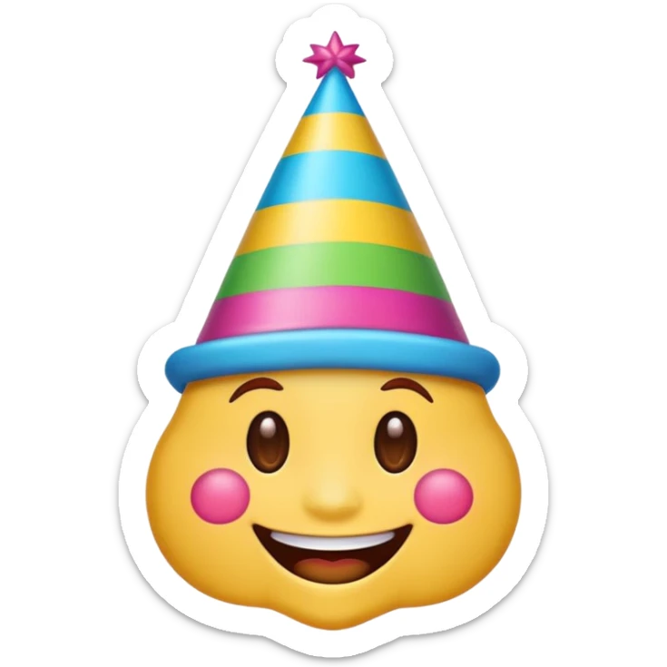 cartoon sticker of a colorful and cheerful party emoji with party hat, no text, suitable for WhatsApp and Instagram sticker