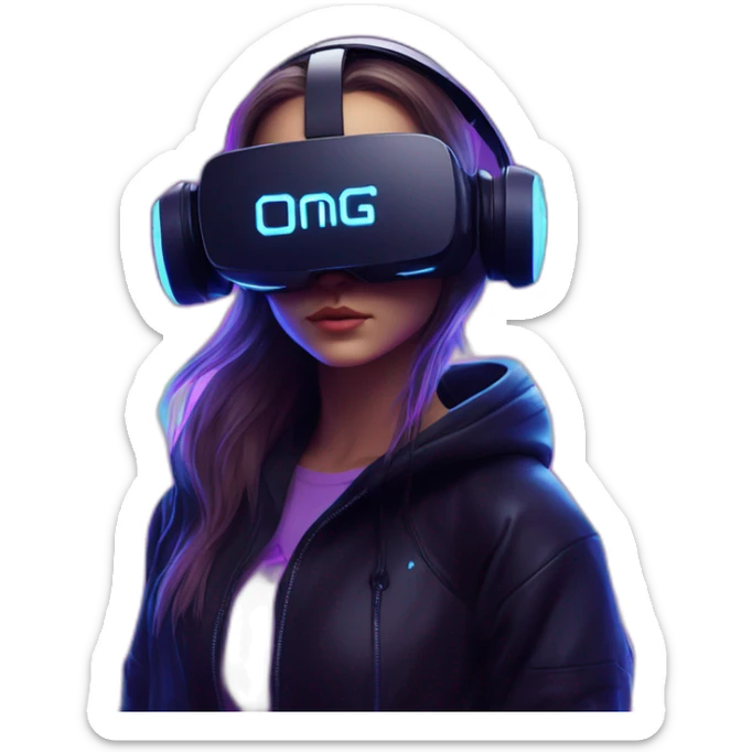 Russian girl wearing a black hoodie with "OMG" letters on it and VR headset in a cyberpunk VR environment with violet neon lighting. sticker