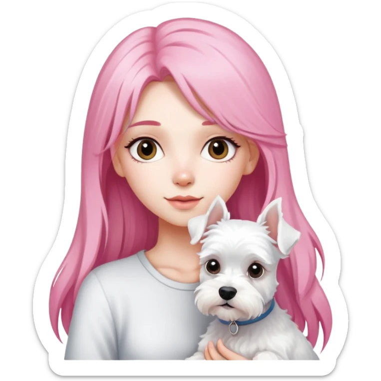 Girl with long pink hair holding a white schnauzer dog sticker