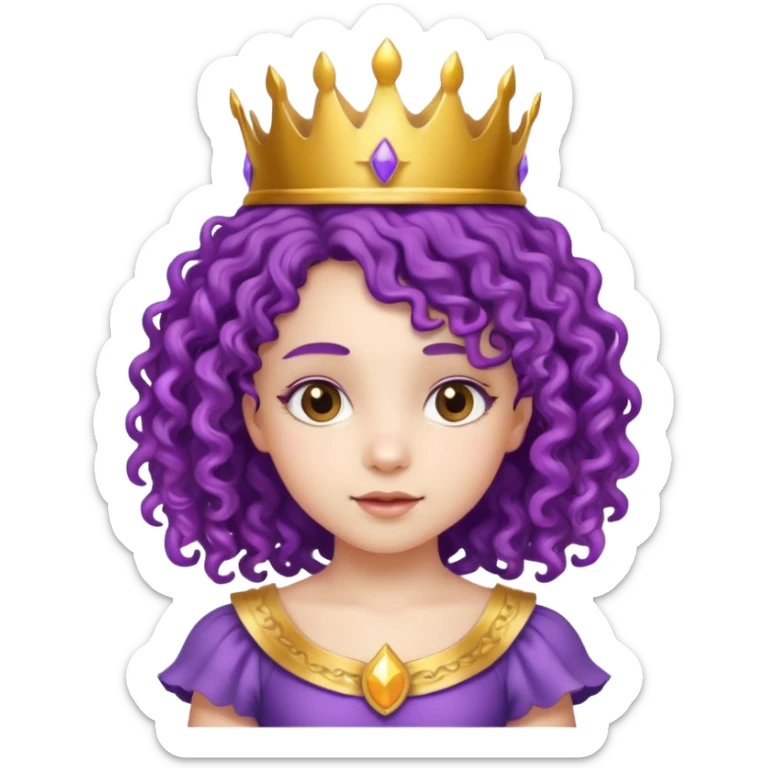 Princesses kid girl, with Gold Crown on purple curly hair, with white dress sticker