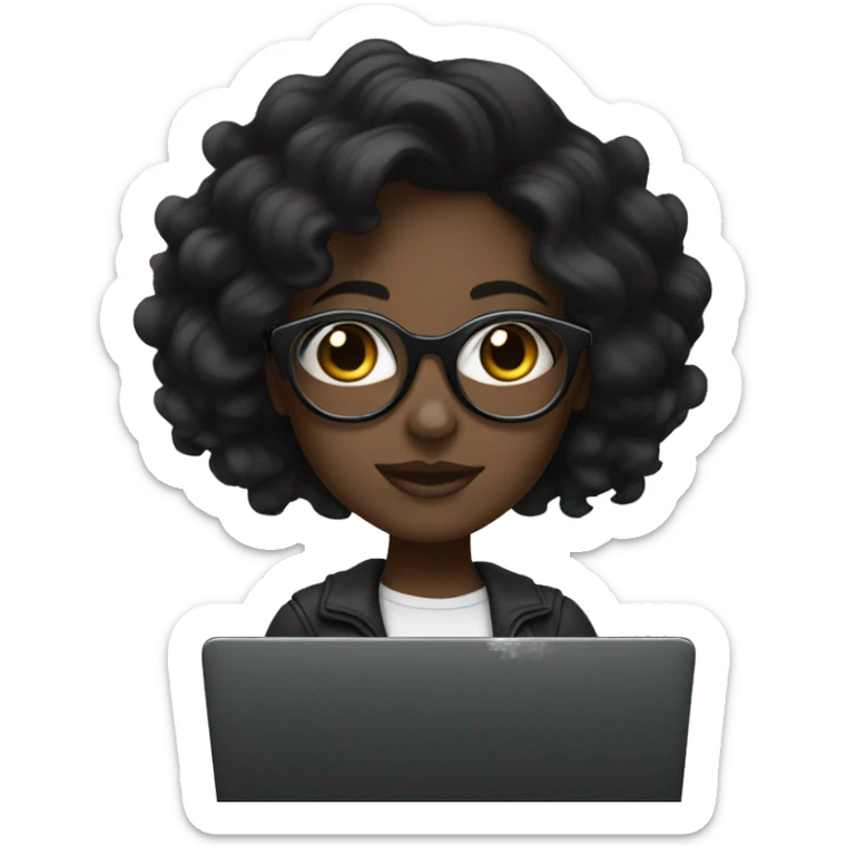 Dark-skinned girl with black wavy hair, wearing clear glasses and a black laptop. sticker