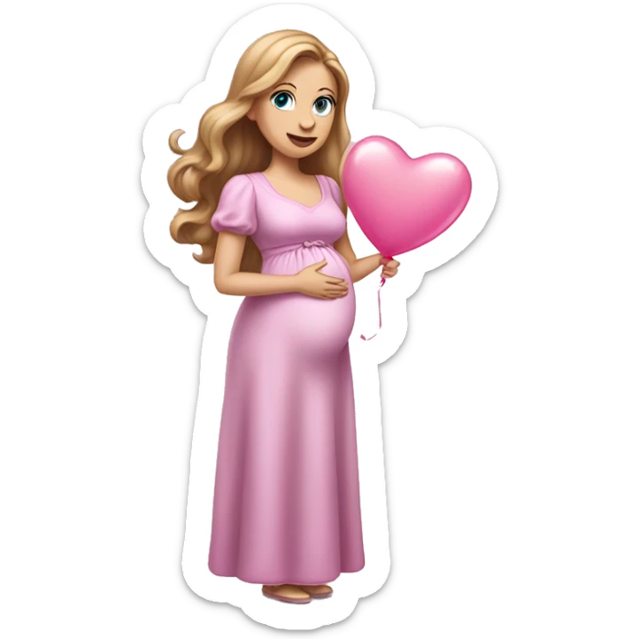 White pregnant lady, with Long Light Brown hair and blue eyes. She is wearing a tight pink dress and a bow,  standing and holding two pink heart balloons. sticker