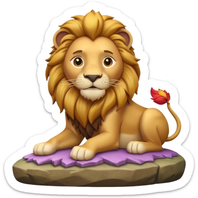 A 3D cartoon lion with a golden mane, sitting proudly on a rock, calm smile, smooth fur, bright warm sunlight, friendly but majestic look, Memoji-style. sticker