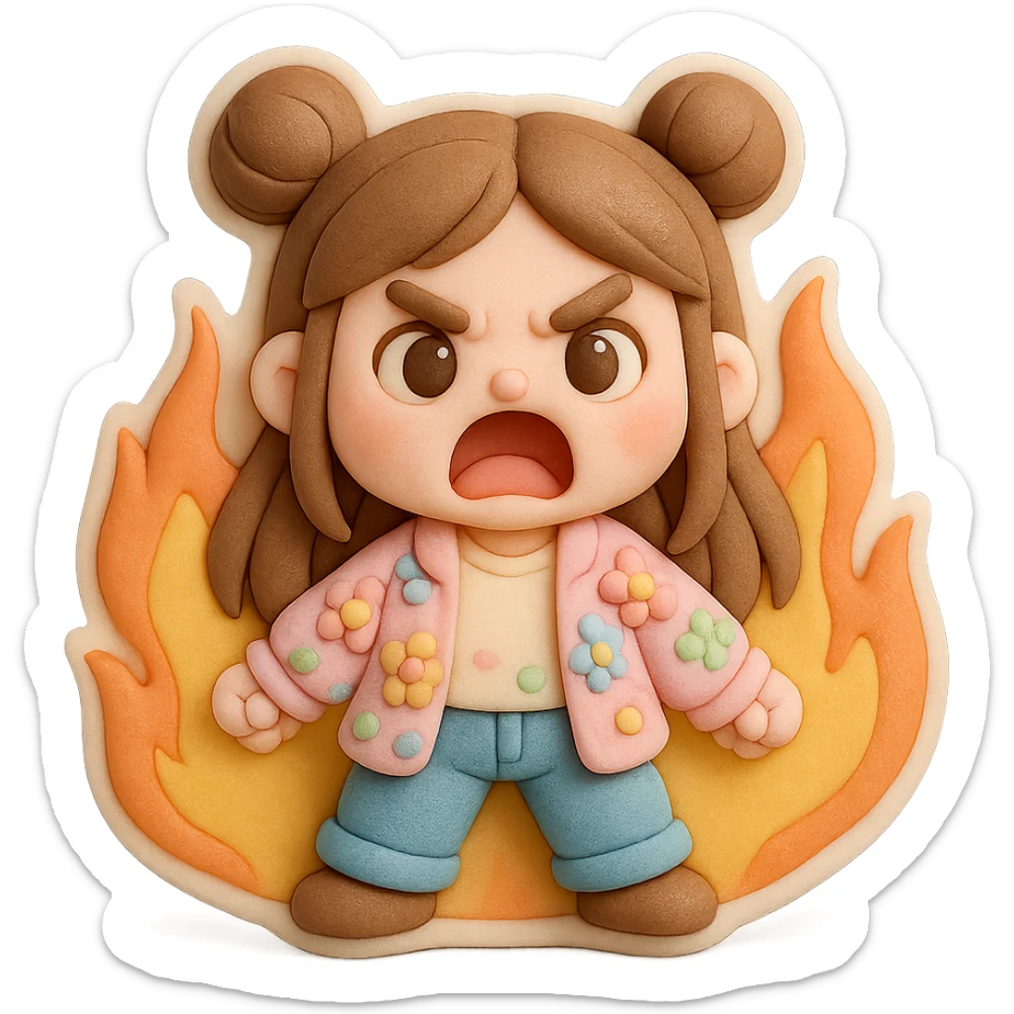 3D chibi fondant cake art style, high-quality rendering with smooth shadows and soft gradients. Girl with long brown hair in two space buns, brown eyes, jeans, pastel floral cardigan, thick white outline like a sticker, transparent background. Screaming angrily while surrounded by flames, preserve facial features. sticker