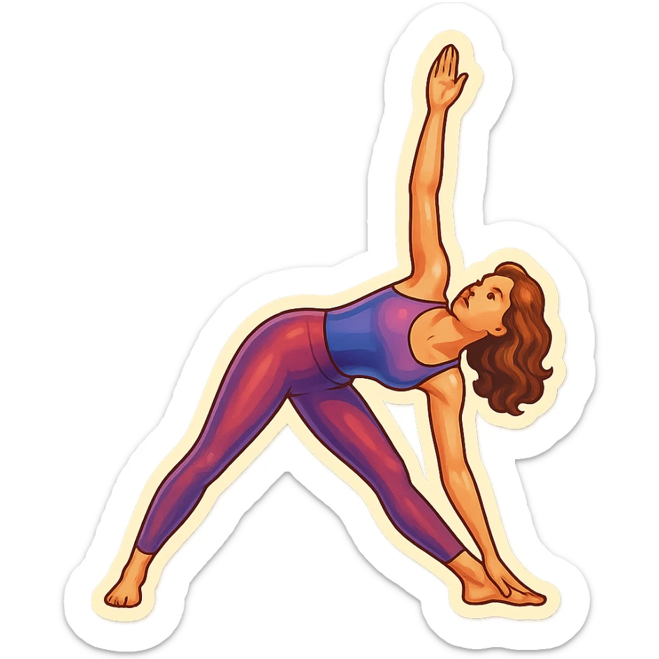 beautiful woman in a top and leggings performing triangle pose (Trikonasana), retro stickers style, detailed appearance, detailed facial features, shadows and highlights, clean contours, soft lighting, transparent background sticker