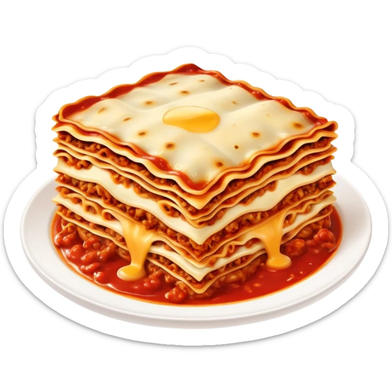 A delicious plate of lasagna with layers of pasta, cheese, and meat sauce, steaming hot sticker