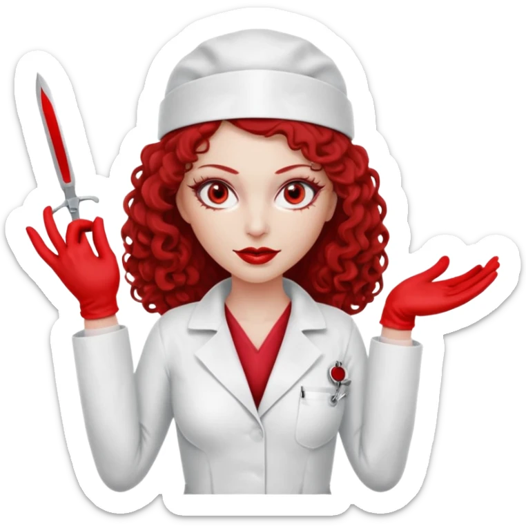 


Scary woman scalpel in hand, evil surgeon sexy surgeon clothes.  She has redcolored  eyes. Her  hair only is free ne brown long curly hair. Wears sexy doctor outfit with red gloves. make her wear red ski mask  to hide. Wears white surgeon coat, wears  stilettos sticker