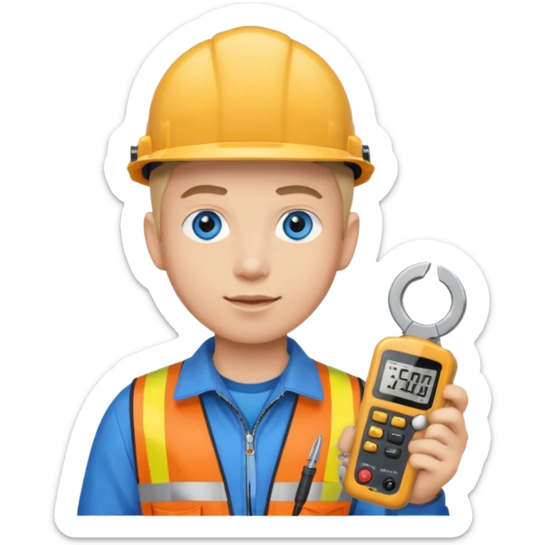 La tercera imagen pero ojos azules, y que lleve en manos una pinza amperimetrica sticker