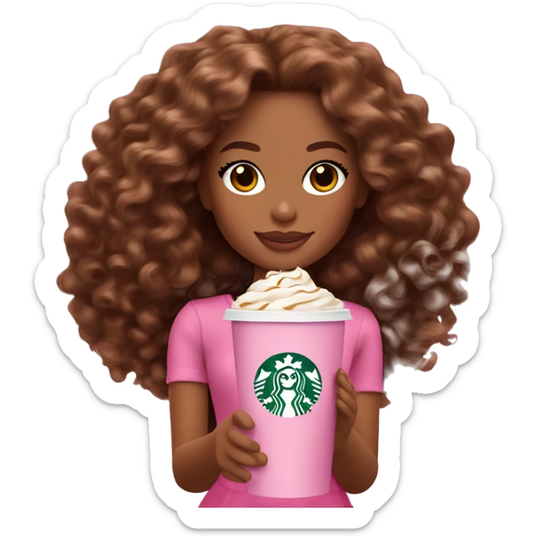 Barbie girl with brown long curly hair holding Pink starbucks refresher sticker