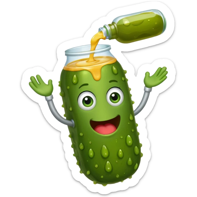 a cartoon pickle with juice squirting from the top of it, being squeezed by a hand sticker