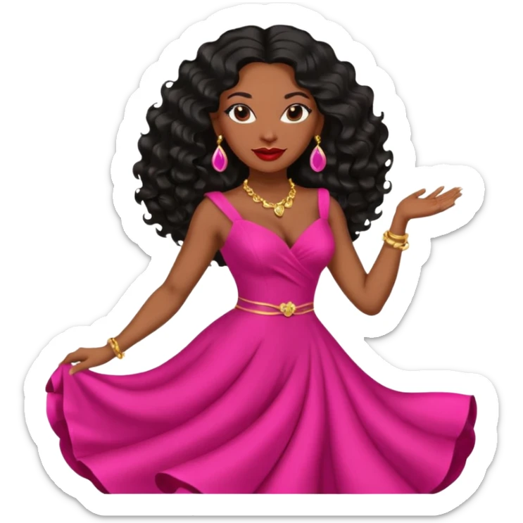 confident mature Black woman with long black wavy hair, pink lipstick, red dance dress, big earrings sticker