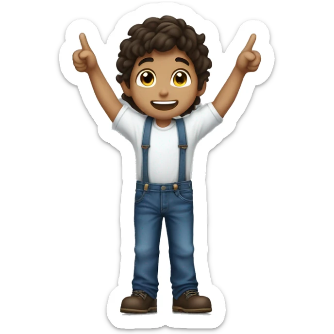 boy pointing to the sky from behind, dark brown wavy hair, wearing blue jeans overalls and white shirt. half body shot. sticker