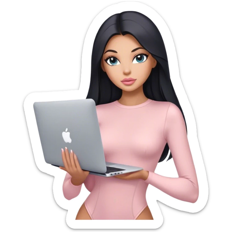 Glamours, tanned, very beautiful girl, with big pump peach-beige-rose lips, black straight smooth silky long hair, straight parting hair, blue-grey eyes, in light-pink bodysuit holding MacBook sticker