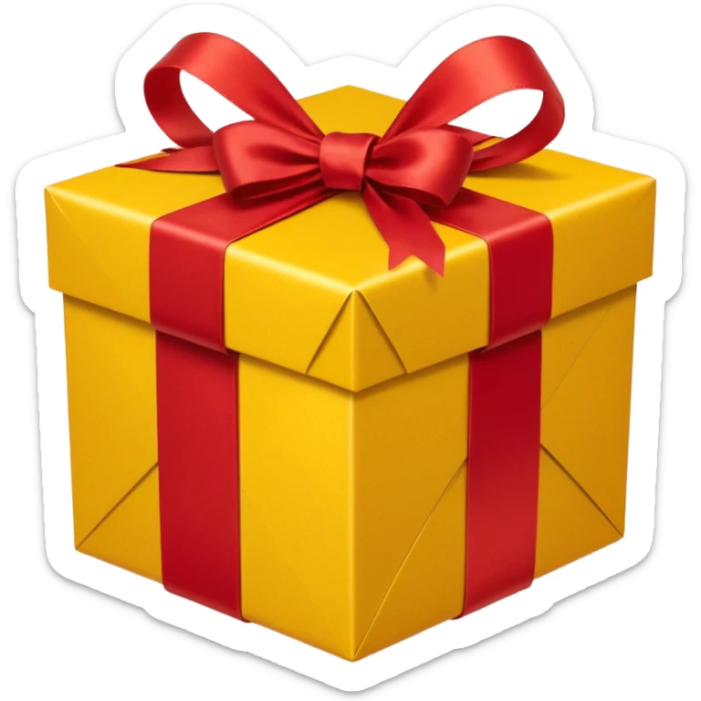 box with yellow wrapping paper and a length of red ribbon surrounding it sticker