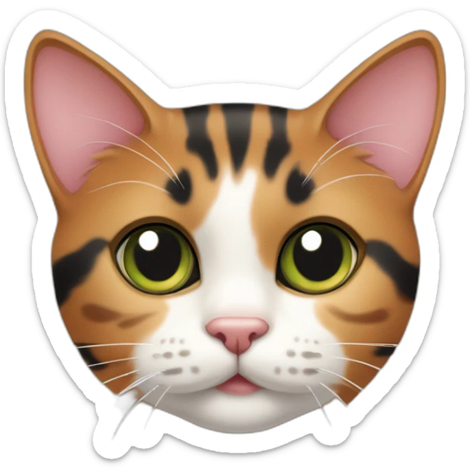 young striped calico cat face with a pink nose, white chin, green eyes, and orange/brown markings, orange tip on one ear sticker