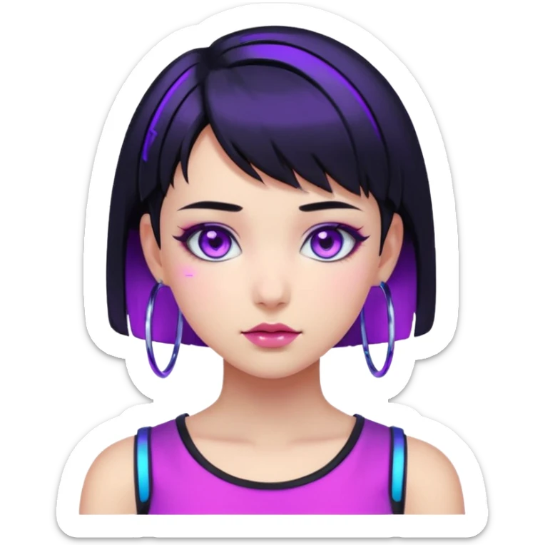 Emoji estilo anime cyberpunk: garota com cabelo curto preto, olhos roxos expressivos, expressão confiante, argolas grandes, pele iluminada por neon azul e rosa, visual moderno e vibrante, cores fortes e estilo futurista simplificado. sticker