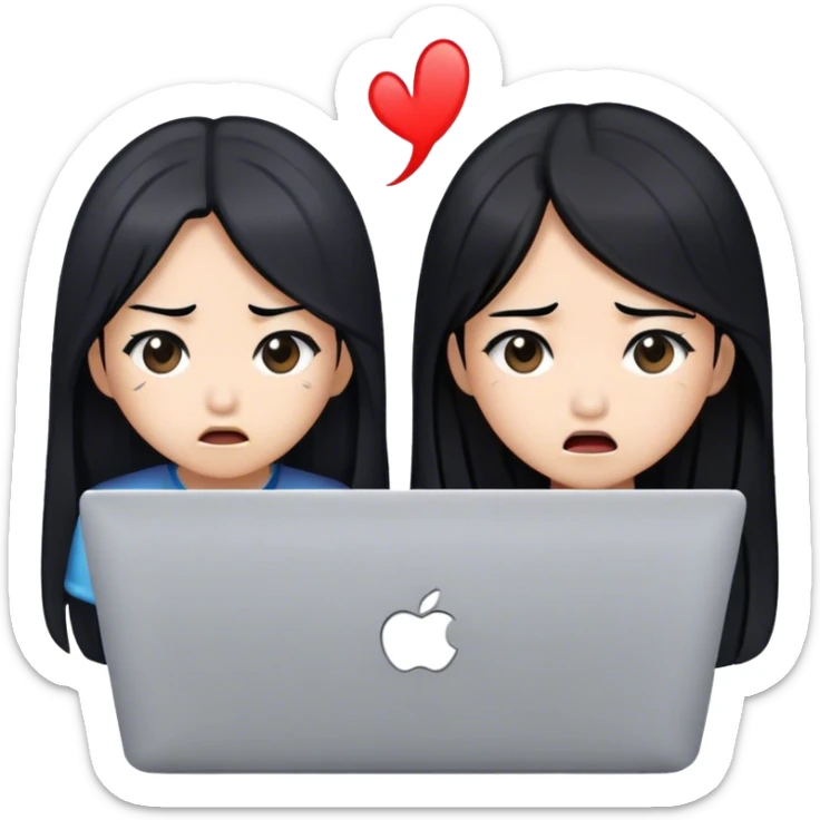 two asian girls long hair disgusted in front of macbook sticker