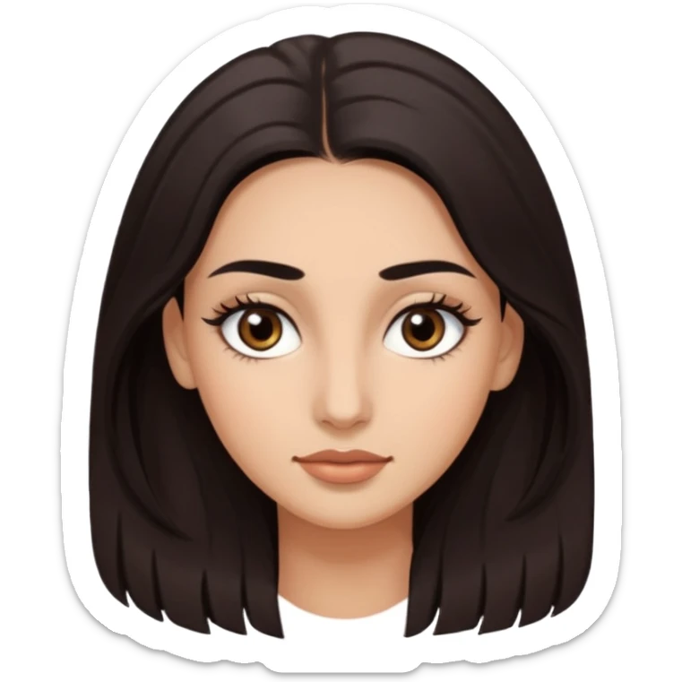 Rostro de forma ovalada con facciones delicadas. Ojos grandes y expresivos de color café oscuro, con pestañas largas y definidas. Cejas oscuras, pobladas y bien formadas color de piel trigeña y cabello largo con cuerpo delgado  sticker