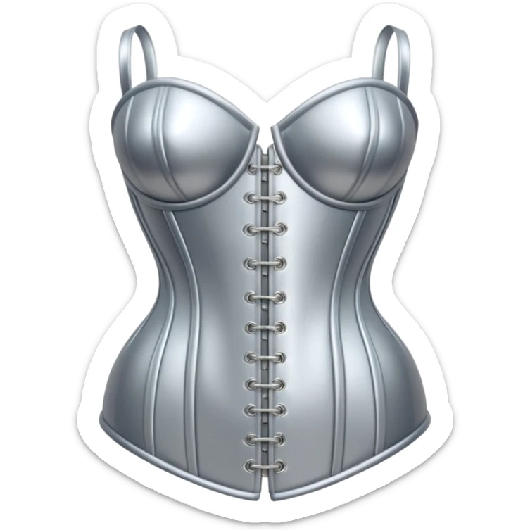 A luxury corset emoji made of silver chrome, smooth metallic curves, minimal fashion silhouette, glossy reflections, sensual high-end aesthetic, iOS emoji style, centered, clean white background sticker