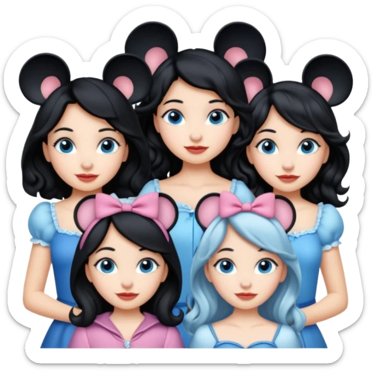 escribe el nombre Disneyland Paris y para titulo, pon a quatro chicas: una pelo corto negro, una pelo rizado largo, una pelo largo liso y la otra pelo ondulado mediano, esta con el ojos azules. Todas tienen piel carne sticker