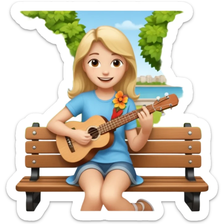Teen girl – relaxed on park bench, strumming a ukulele, smiling.
 sticker