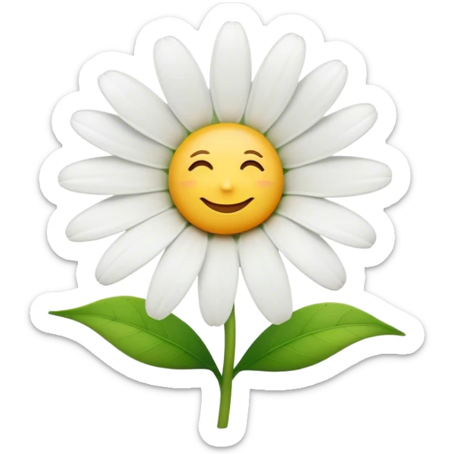 Cinematic Realistic Daisy Emoji, Cheerful and pure, with bright white petals surrounding a sunny yellow center, standing proudly atop a slender green stem. The soft, vibrant petals seem to radiate positivity, while a few green leaves frame the delicate flower. Soft glowing outline, capturing the essence of simplicity, innocence, and happiness in a single daisy. sticker