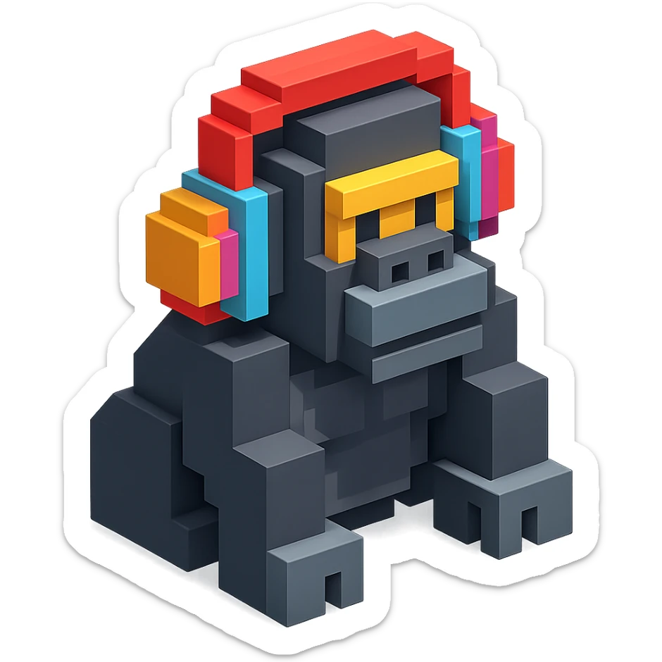 voxel style gorilla with colorful headphones, isometric view sticker