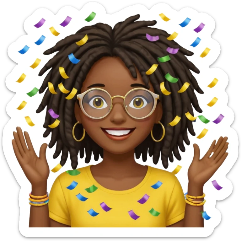 darker skin female with dark dreadlock hair wearing large round glasses and a yellow top celebrating with confetti sticker