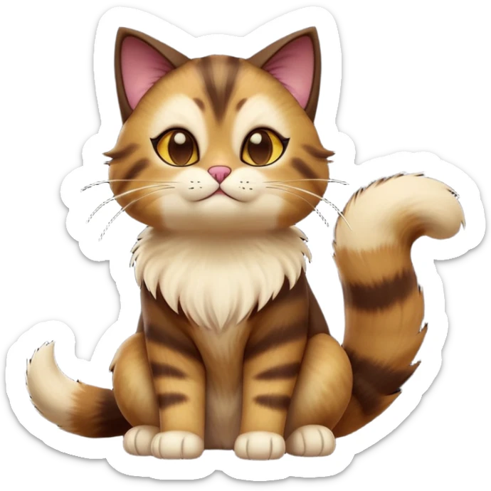 cinematic-[showshoe cat]-realistic-full-body-sitting-emoji,-tail-curled-playfully-around-its-paws,-head-tilted-dramatically,-fluffy-[brown mask]-fur,-simplified-yet-realistic-focused-features,-highly-detailed,-glowing-with-an-almost-sarcastic-glow sticker