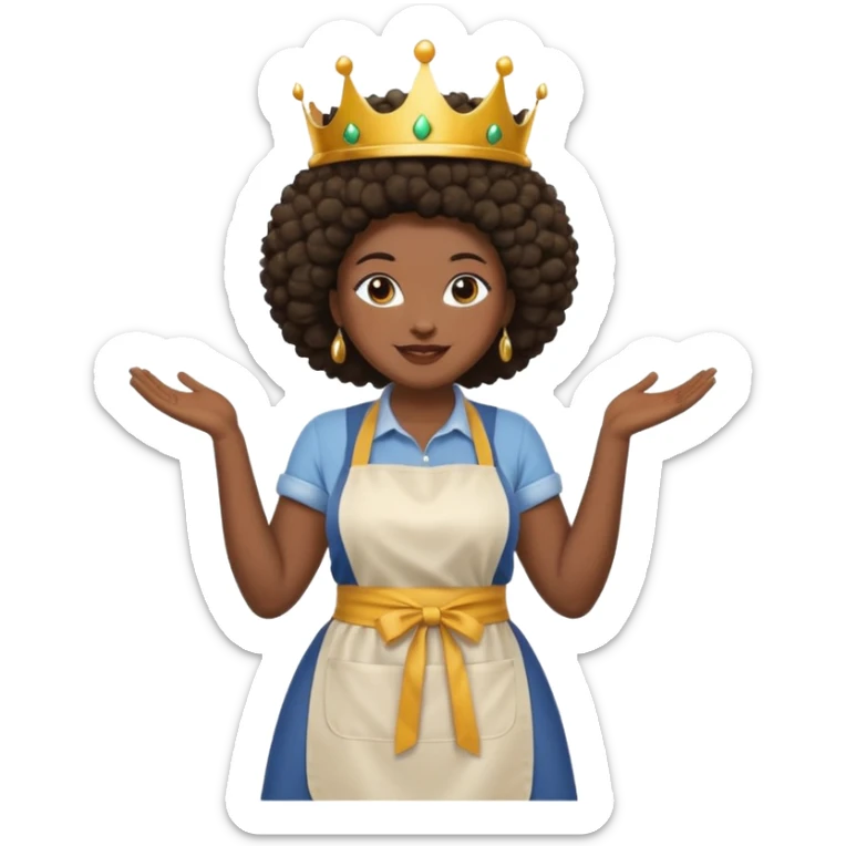 Mujer curvy afro, con piernas gordas y vestimenta cómoda, usando delantal,con una corona sobre su cabeza y sonrisa contagiosa.  sticker
