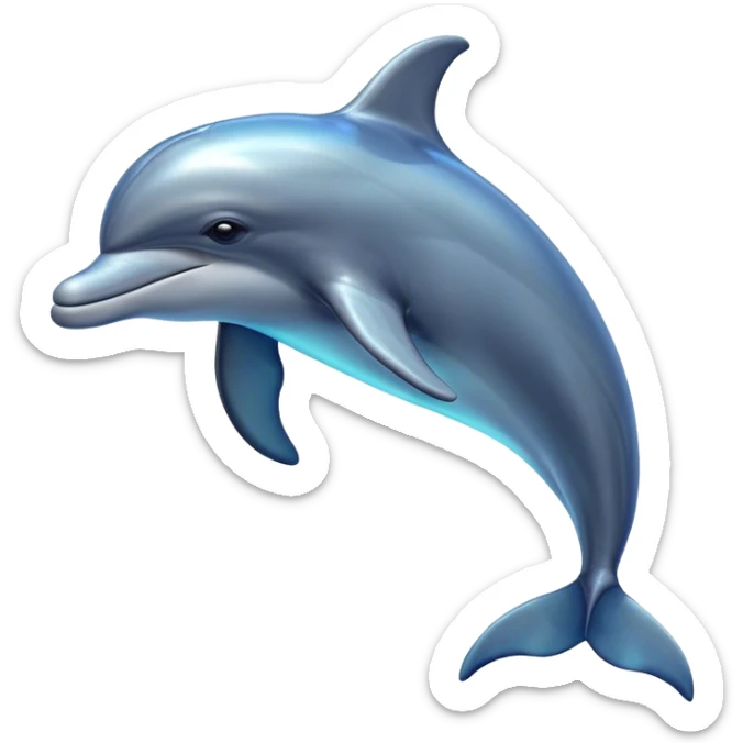 Cinematic Noble Bottlenose Dolphin Portrait Emoji, Poised and regal, with a sleek, streamlined body of shiny, glossy blue-gray skin, expressive, intelligent eyes, and a gracefully arched dorsal fin, Simplified yet sharp and sophisticated features, highly detailed, glowing with a radiant, sparkling aquatic glow, high shine, intelligent and majestic, stylized with an air of oceanic refinement, focused and elegant, soft glowing outline, capturing the essence of a watchful and confident dolphin that appears ready to leap out of the screen with effortless power! sticker