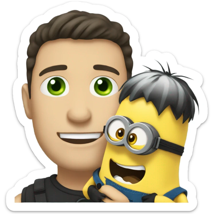 white male, black hair hugging and holding a minion with green eyes sticker