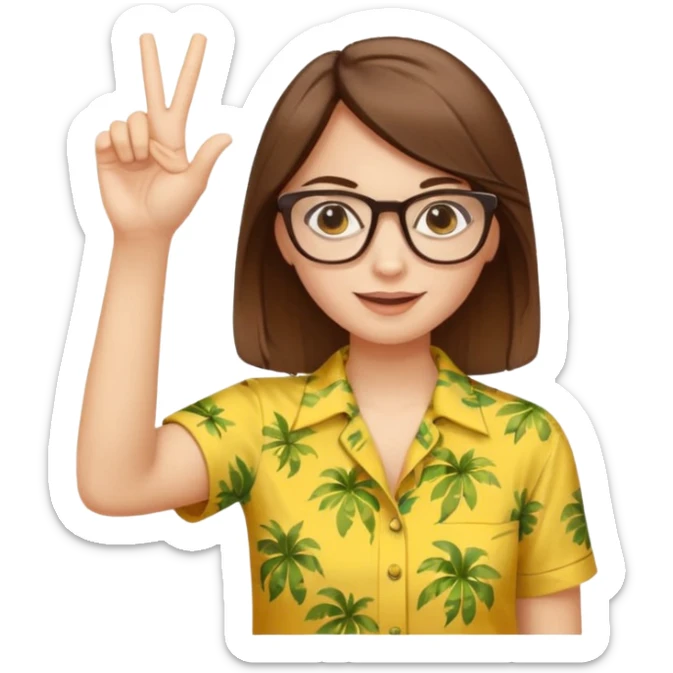 Hawaii female with white skin. Shoulder length straight brown hair. Brown eyes with glasses. Female wearing yellow Hawaiian print shirt. Women is making a hang loose sign with her left hand sticker