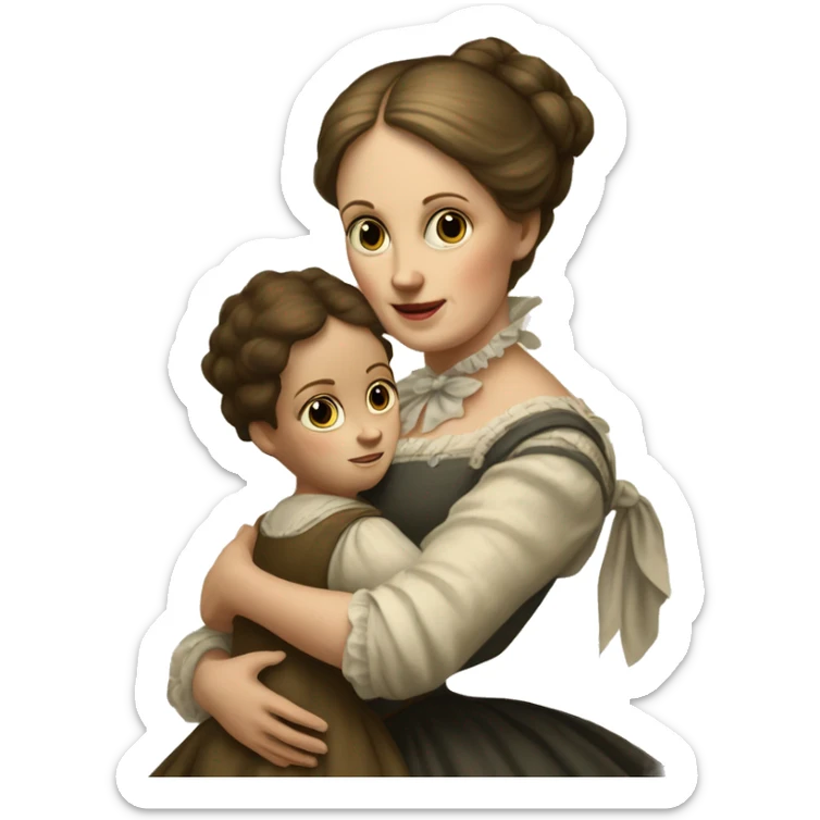 A 19th century white woman with a child in her arms. There is a big letter "A" on the dress sticker