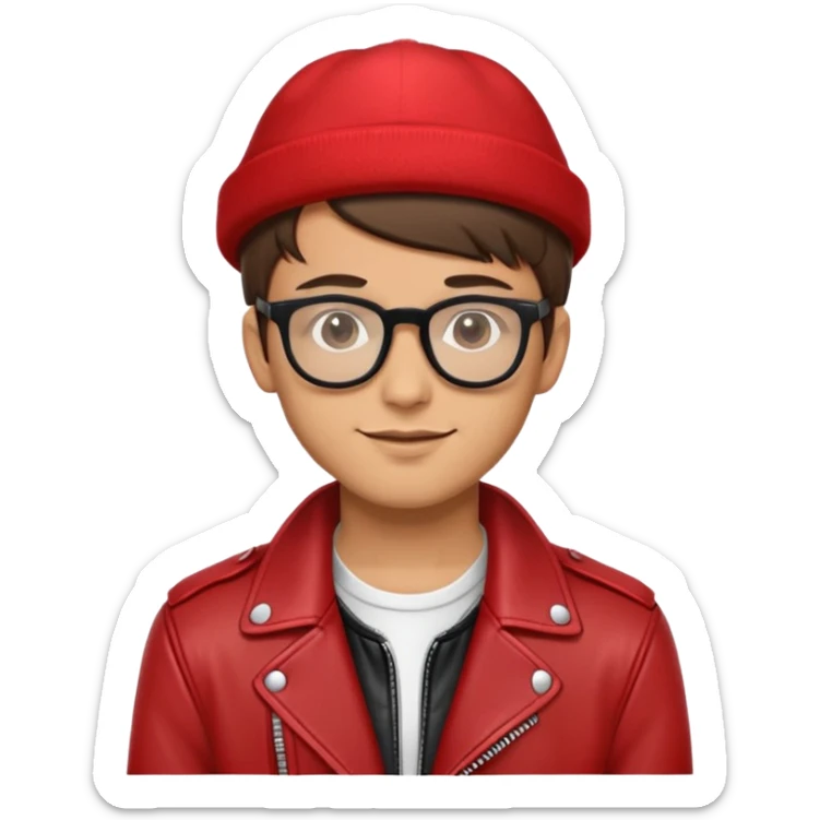 nam 20 tuổi, da vàng, tóc ngắn màu nâu, đội mũ màu đỏ, đeo kính màu đen, khoác áo da màu đỏ, nụ cười nhếch mép sticker