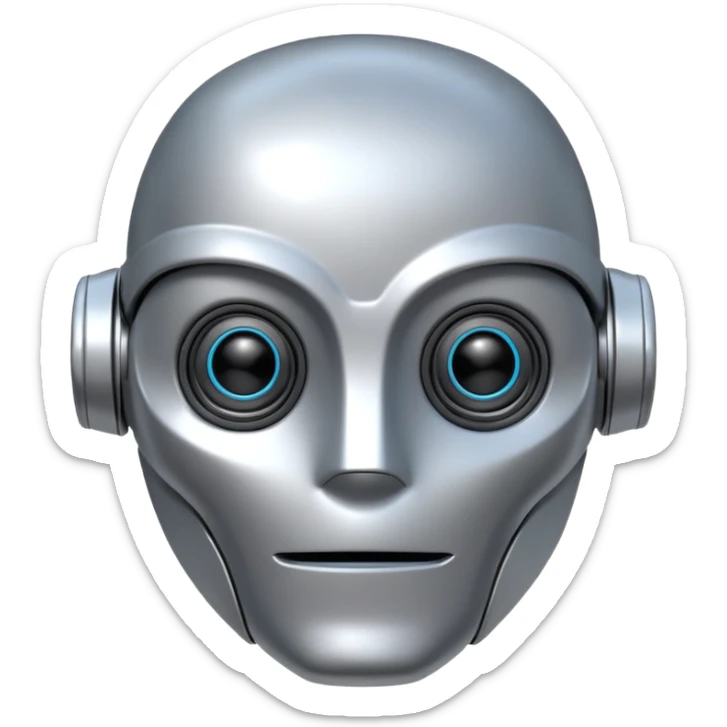 robot head inspired by The Wild Robot movie, focus on eyes and faceplate, metallic, clean sticker