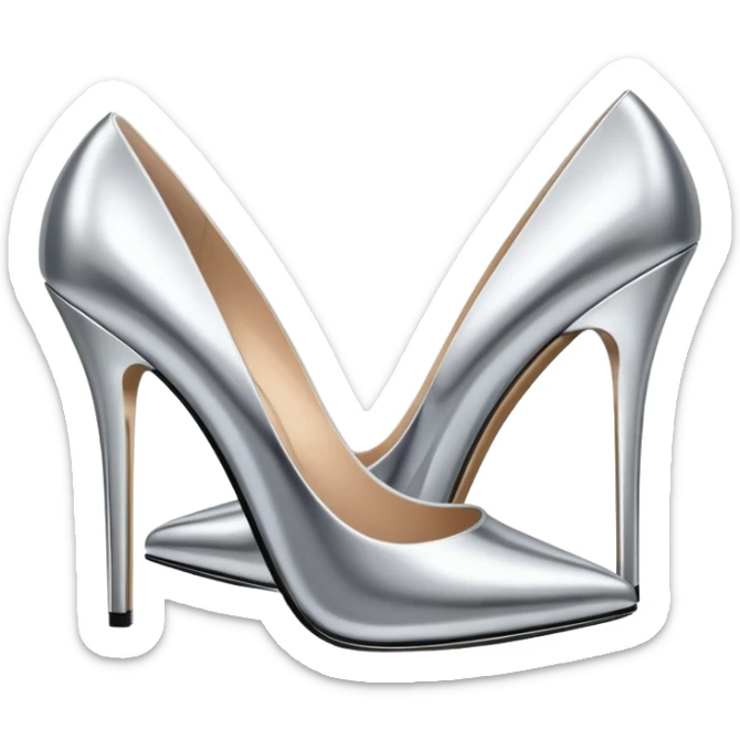 A pair of high heel shoes emoji made of polished silver chrome, elegant sharp silhouette, smooth metallic surface, glossy reflections, luxury sexy vibe, minimalistic iOS emoji style, centered, clean white background sticker