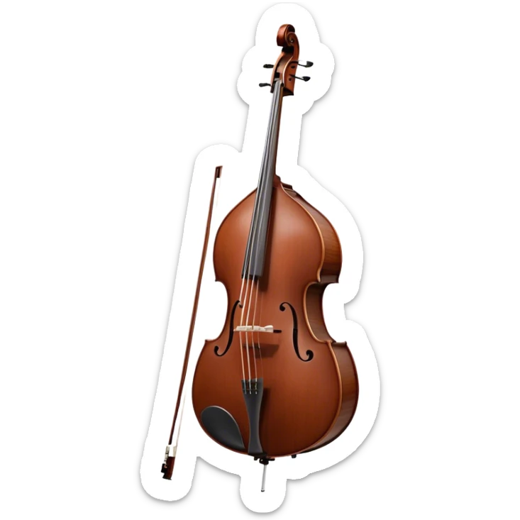 Create an elegant and detailed emoji representing a Gliga Gama double bass with bow. The design should showcase the large, sleek body of the double bass with its rich wood finish, including the characteristic curves and deep tone holes. The bow should be elegantly positioned next to the instrument, highlighting the hair and smooth wooden stick. Use warm wood tones like chestnut brown for the body of the bass, silver accents for the fittings, and dark brown for the bow. Add subtle musical notes or sound waves flowing from the bass to represent its deep, resonant sound. The background should be transparent. sticker