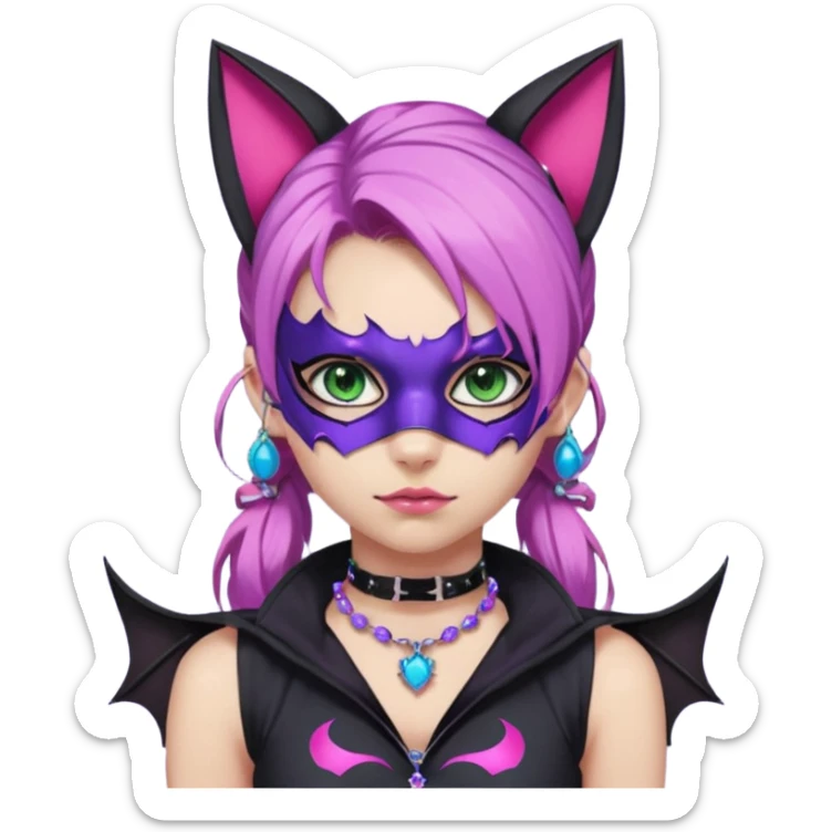 Girl with green eyes, wearing a bat mask with pink stones around her eyes, her hair tied in a ponytail, the hair is purple with blue and pink streaks, with black cat ears with pink stones around, wearing a black shirt that covers the neck, and a sleeveless blue jacket, and a necklace of pink stones sticker