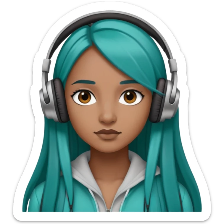 Brown skinned woman with long straight teal hair wearing headphones  sticker
