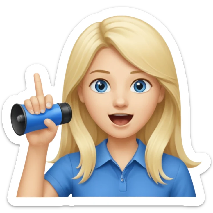 blue eyes blonde girl yelling into megaphone and holding up 1 finger in the other hand smiling long hair sticker