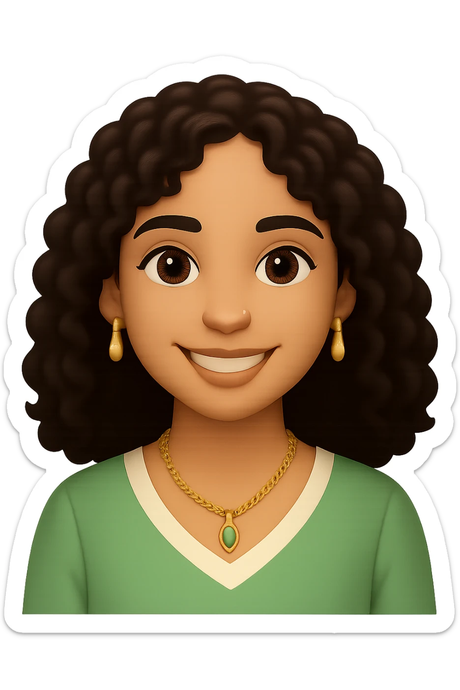 Change the hairstyle of the young woman to curly hair worn loose. Keep her smiling with dark brown hair, brown eyes, nose piercing, wearing a green and cream blouse and a gold necklace. Convey happiness and relaxation. Remove any background, make it transparent. sticker