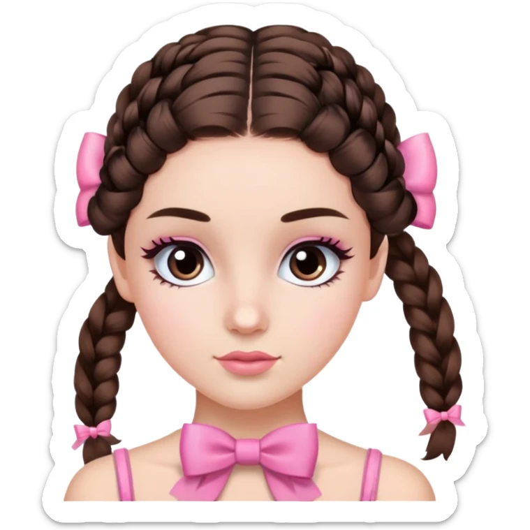 girl with brunette hair in a braid on her shoulder with a pink coquette bow on the end and she has mascara on her eyelashes  sticker