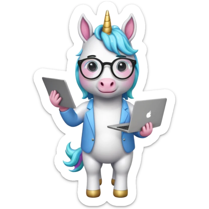 Unicorns holding laptop book
A full body of scholar unicorn wearing round glasses, holding a laptop. sticker