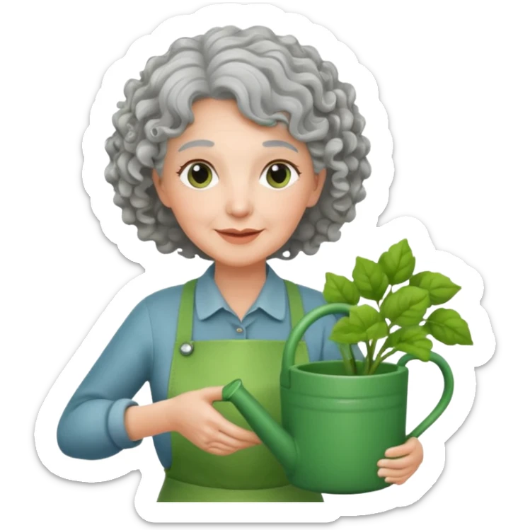 Older female florist – curly hair, hold garden watering pot sticker