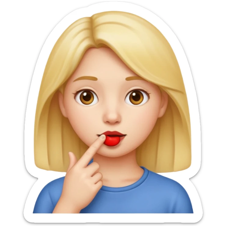 apple style emoji of a girl with a finger in her mouth, thoughtful look sticker