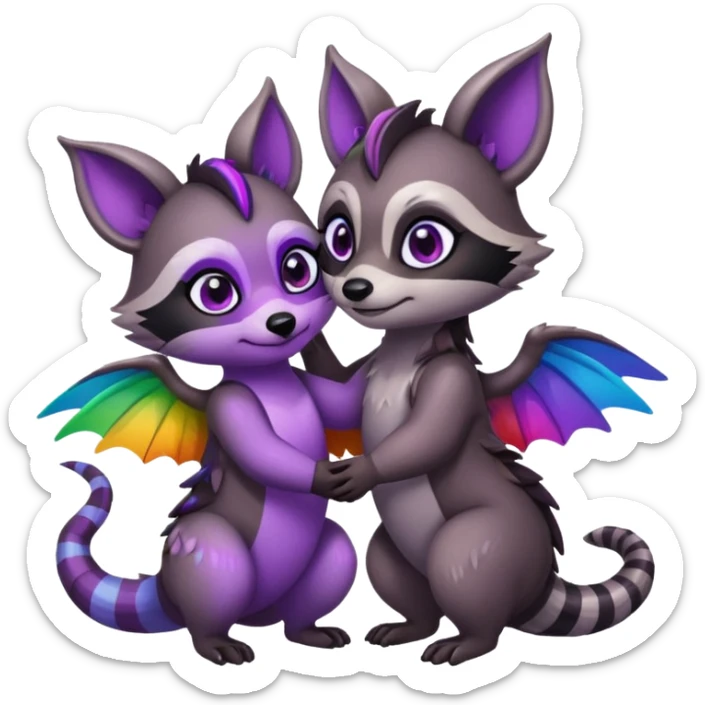 2 black female raccoon dragon hybrids with rainbow colored wings and purple eyes hugging sticker