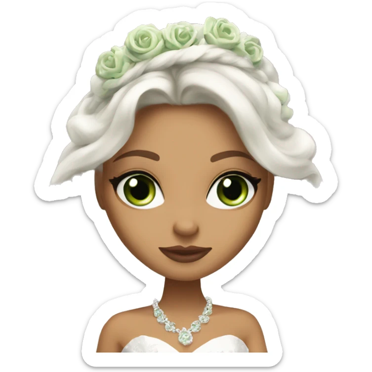 Bratz, bride, brunette wavy long hair, olive skin, green almond cat eyes sticker
