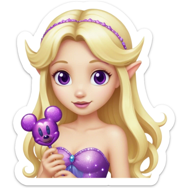 Long hair blonde fairy with purple sparkles holding a Mickey pop   sticker